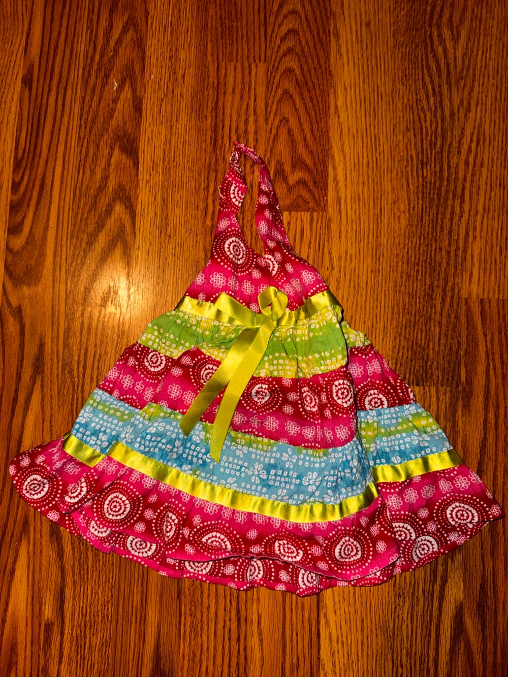 Blueberi Boulevard Pink, Green & Blue Tiered Halter Dress with Lime Ribbon